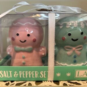 LANG Pastel Gingerbread Man And Gingerbread Girl Salt And Pepper Shaker Set NWT